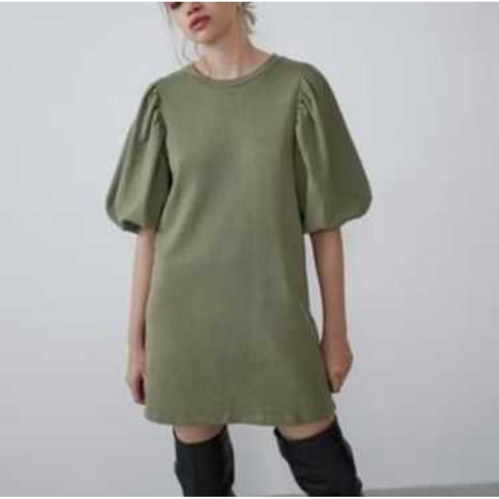 ZARA Sage Green Puff Sleeve Sweatshirt Dress Casual Mini‎ Size Small